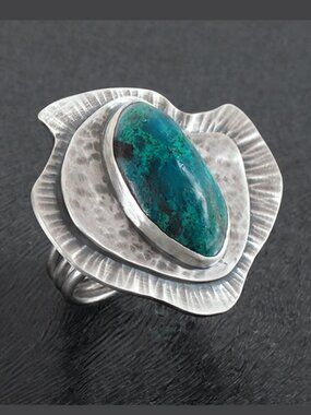Sterling Silver 925 and Chrysocolla Cocktail Ring, Size 7 3/4, One-of-a-kind